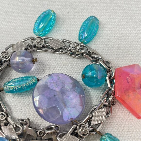 Vintage Bead Charm Bracelet Iridescent Blue Purple Dangle Fun Girly Retro - Picture 8 of 10